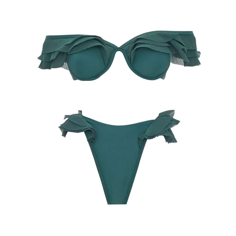 Andrea Iyamah Teal Ruffle Off-Shoulder Bikini Set